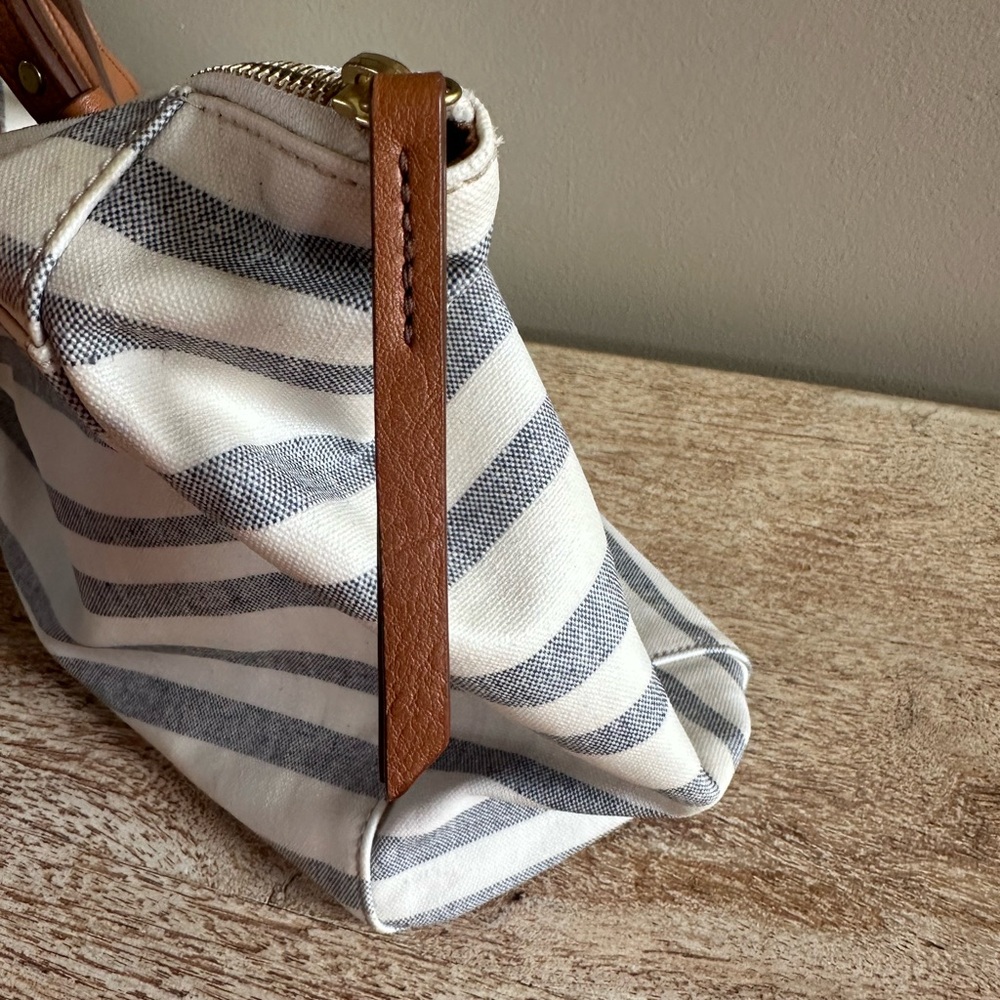 Fossil Blue and White Striped Tote with Brown Leather Straps - Picture 6 of 10